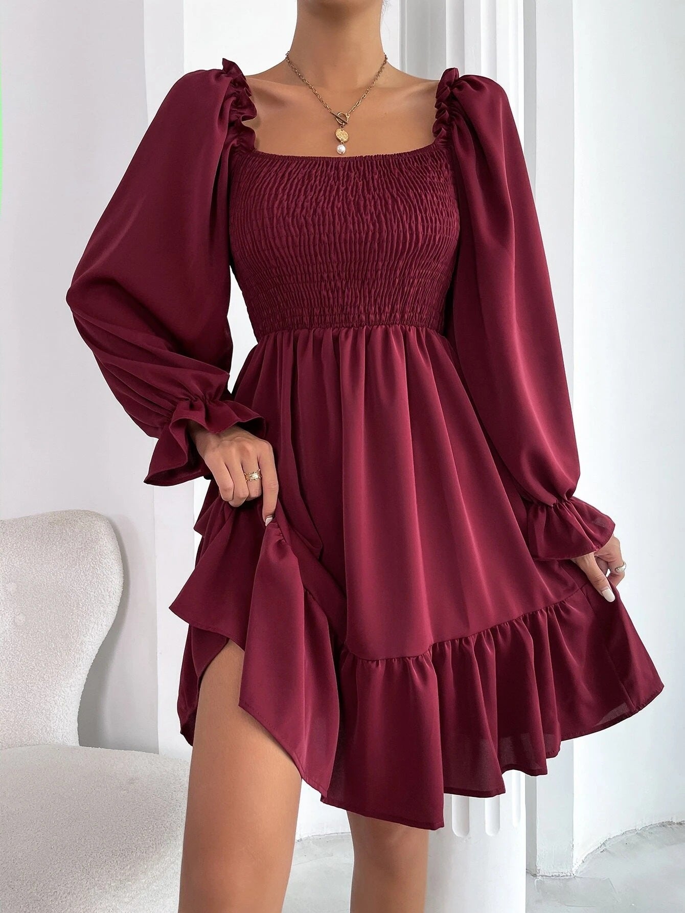 Square-Neck Ruffled Swing Dress