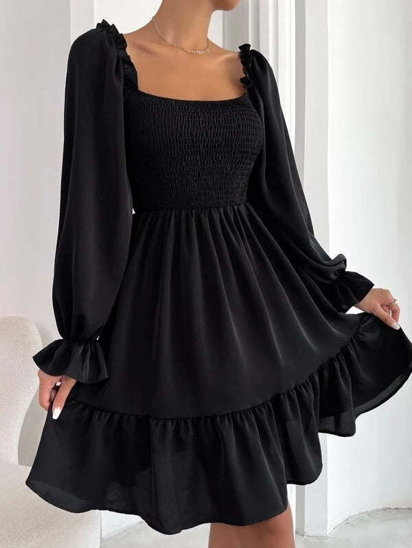 Square-Neck Ruffled Swing Dress