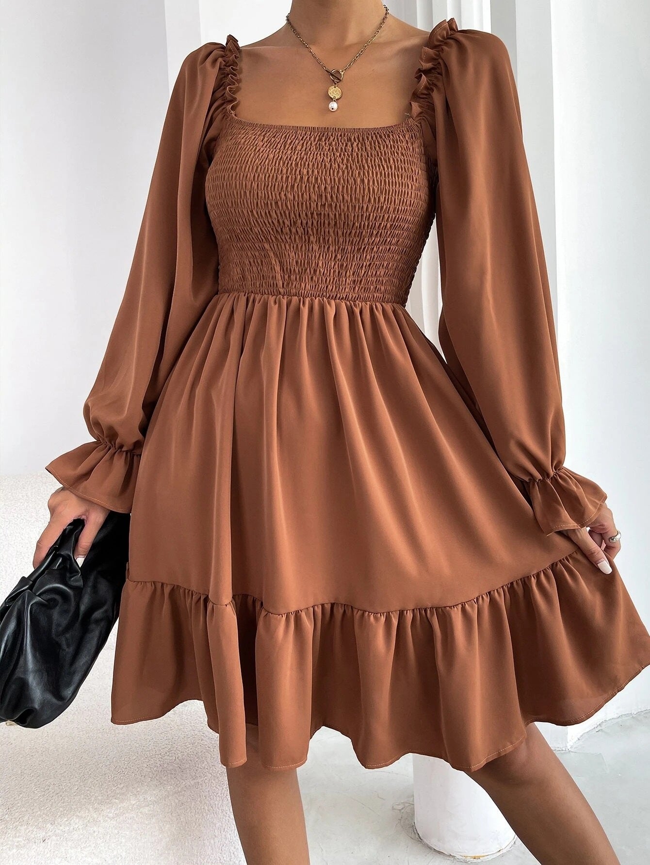 Square-Neck Ruffled Swing Dress