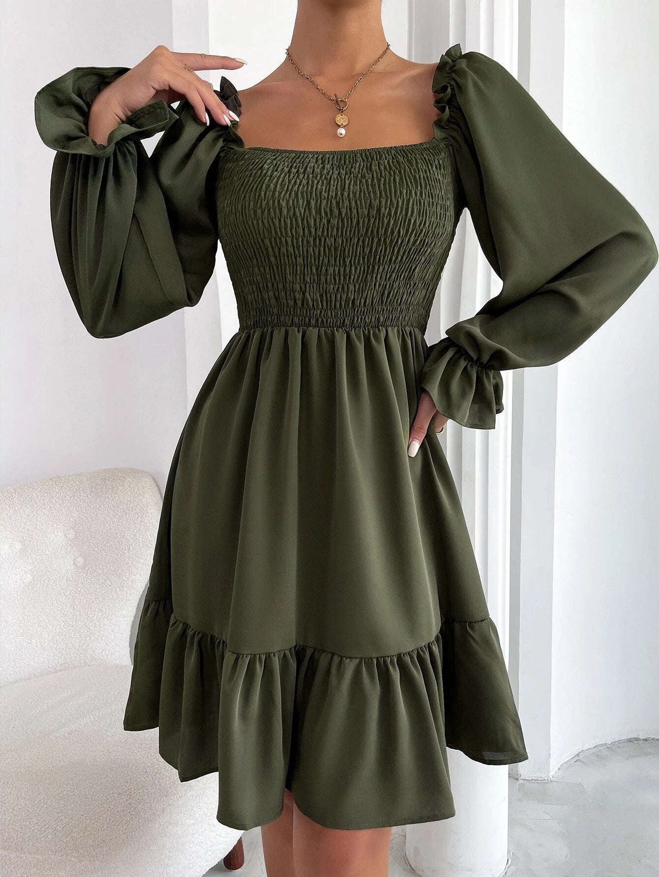 Square-Neck Ruffled Swing Dress