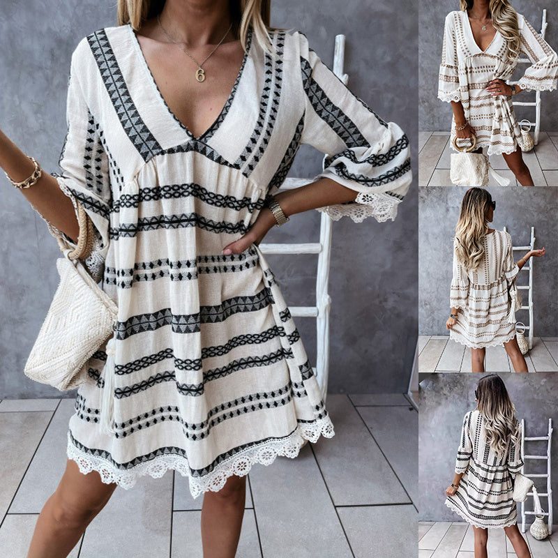 Geometric Print V-Neck Dress