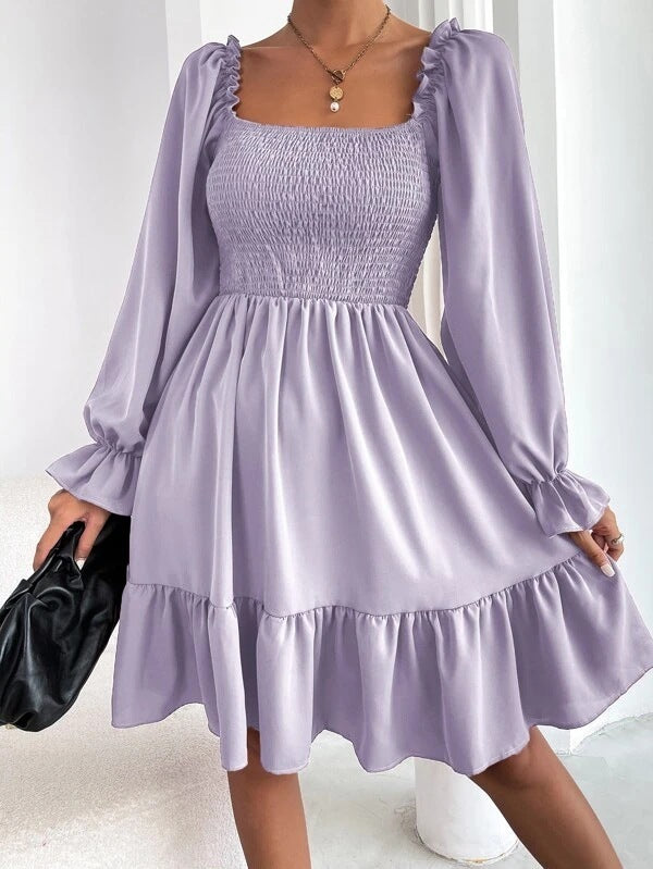 Square-Neck Ruffled Swing Dress